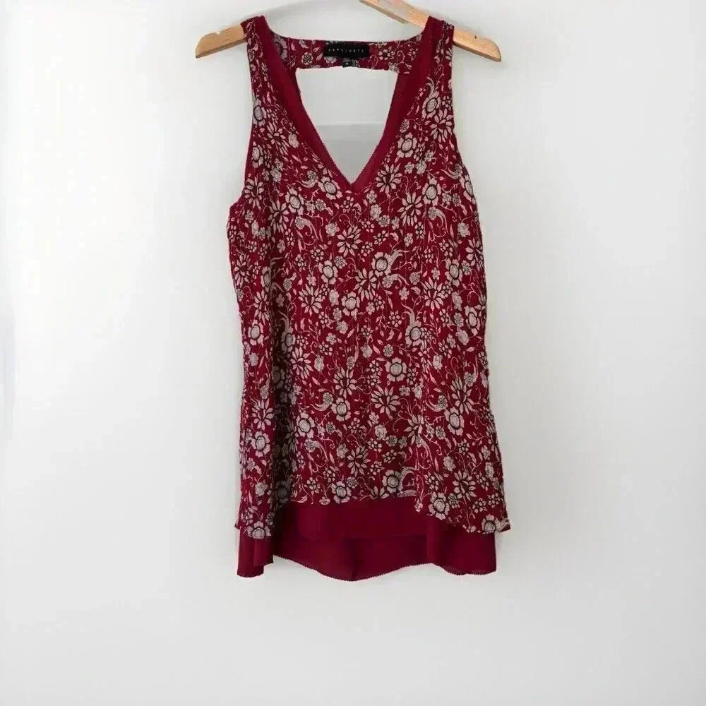Sanctuary Womens Size Medium Tank Blouse Red Floral Split Hem V Neck Floral